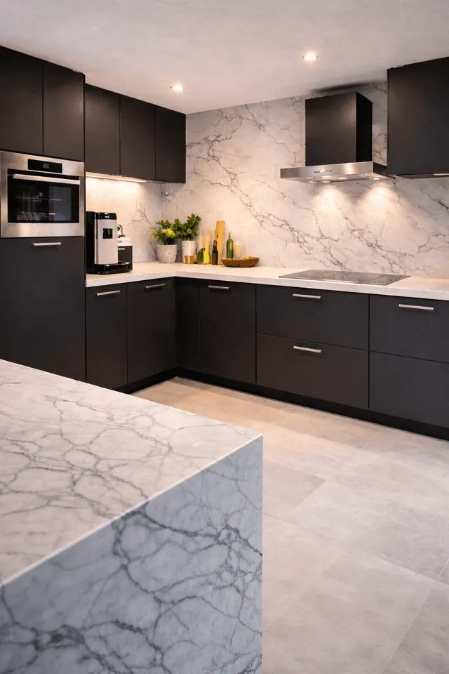 Donkere keuken met marmerlook achterwand
